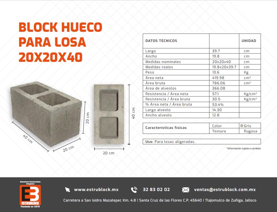 guirnalda marea Vago FICHA TECNICA BLOCK HUECO PARA LOSA 20X20X40 - FICHAS TECNICAS